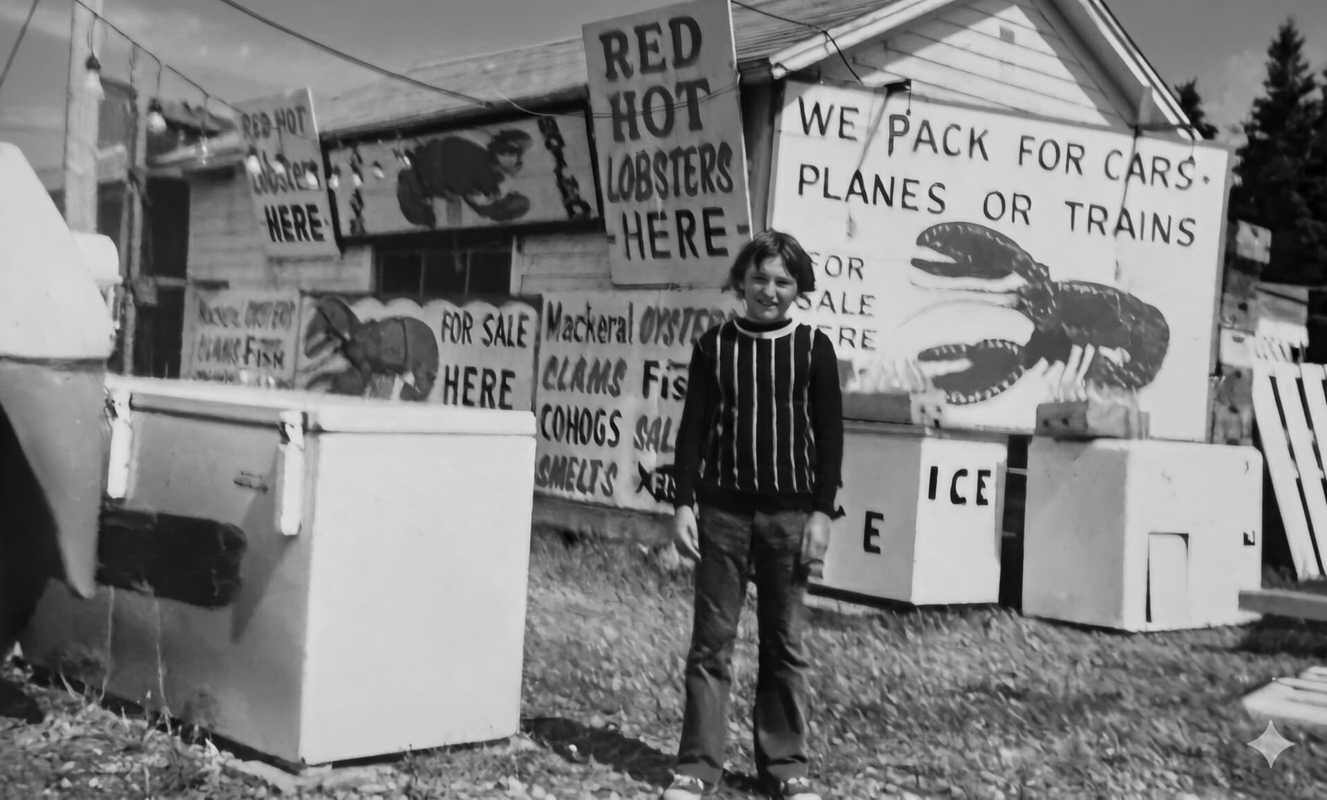 Monte Snow as a boy, standing in front of his father's lobster stand in Aulac, New Brunswick. Hand painted signs behind him read Red Hot Lobsters Here and We Pack For Cars, Planes Or Trains.